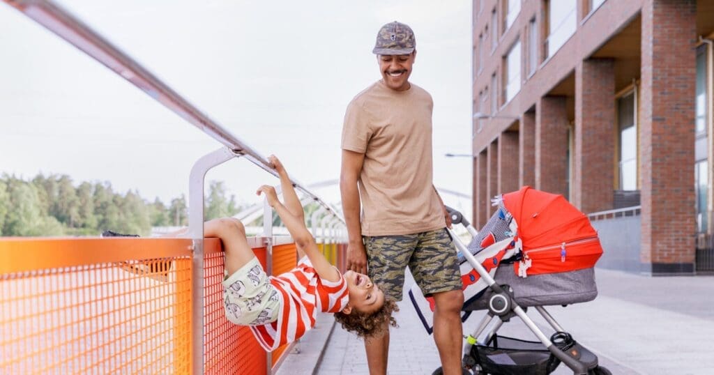 Man and child out for a walk in Kalasatama