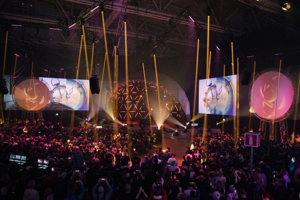 Flashing lights from the Slush 2021 event seen from above