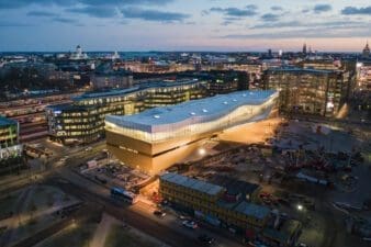 Aerial view of Oodi Central Library at dusk