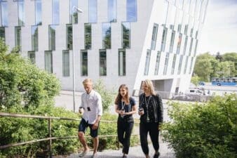 Three employees climbing the stairs in front of an office on a summer day