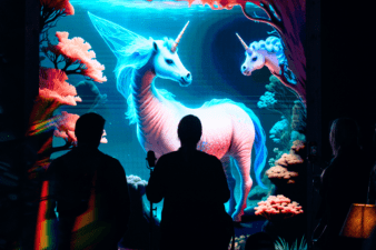 Dark shadows standing in front of a large screen with unicorns in an ocean
